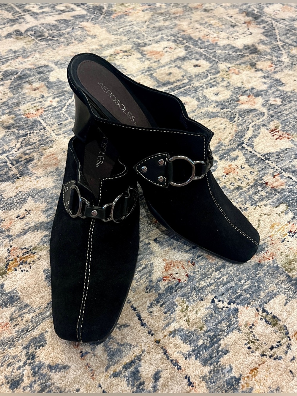 AEROSOLES Black Suede Slip-On Mules with Metal Ring Detail